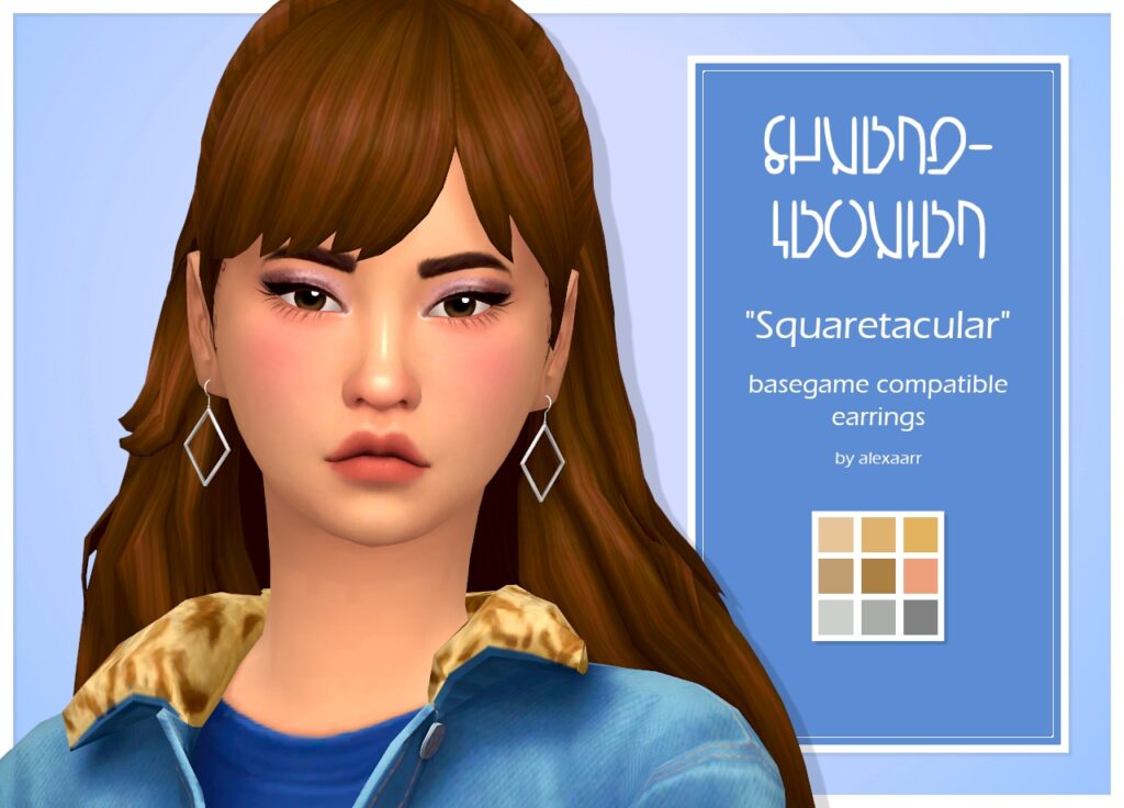 Un personaje de Los Sims 4 con una chaqueta de mezclilla con sherpa en el cuello. Tienen cabello castaño y ojos marrones y llevan puesto un par de pendientes en forma de diamante.