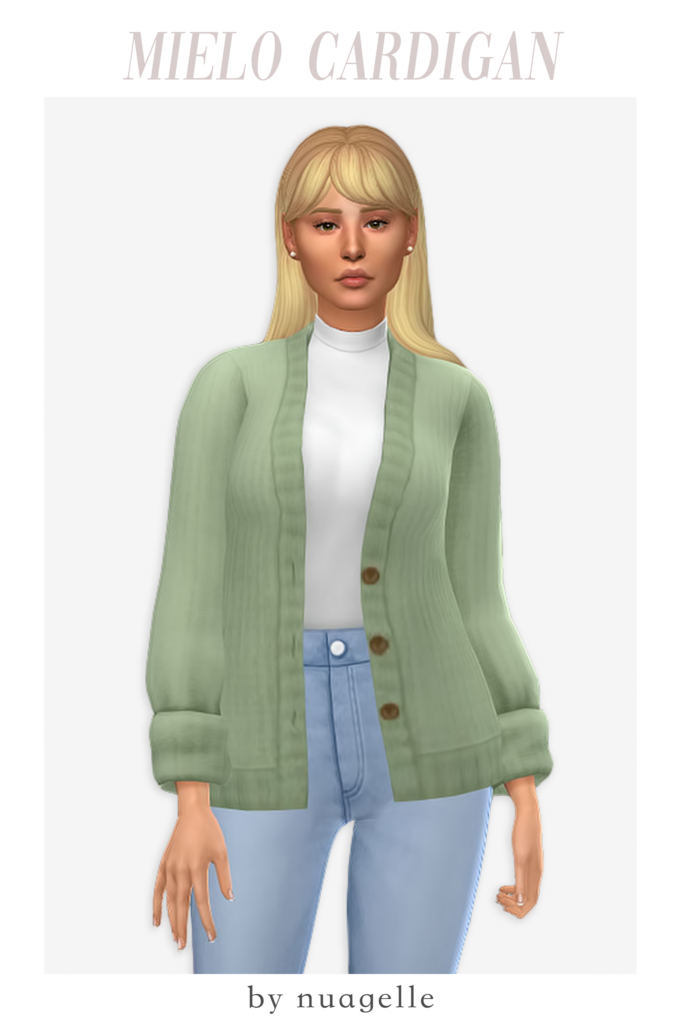 Una sim rubia con flequillo recto, lleva jeans azules y una camiseta de cuello alto blanca debajo de un cardigan verde con las mangas remangadas.
