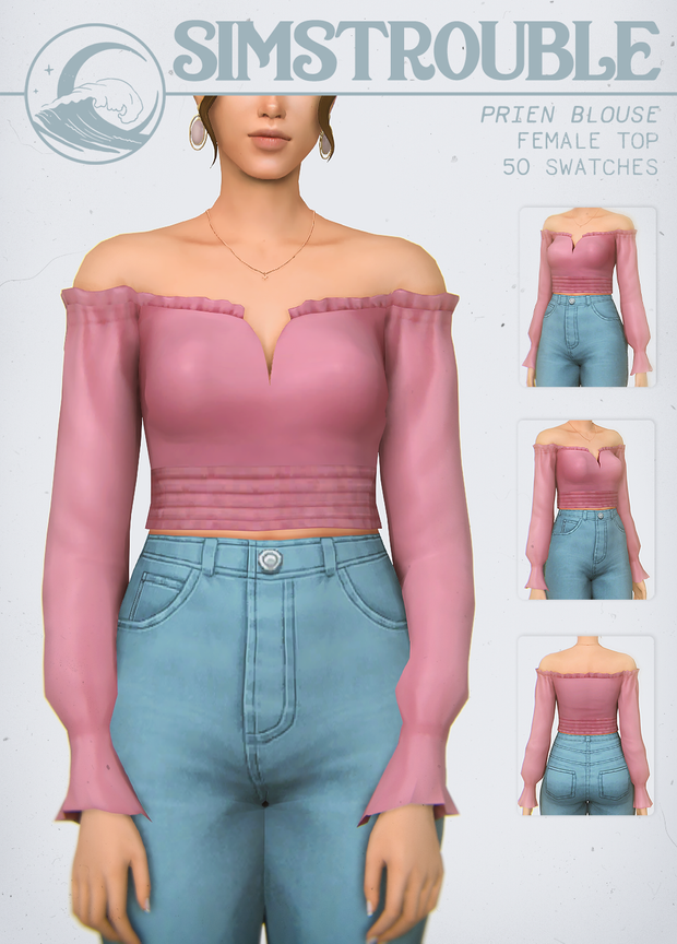 Una sim parada con los brazos a los lados vistiendo jeans de talle alto y una blusa rosa de manga larga sin hombros con un lindo borde de volantes.