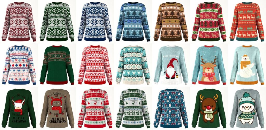 Tres filas de siete suéteres de Navidad con diversos diseños.