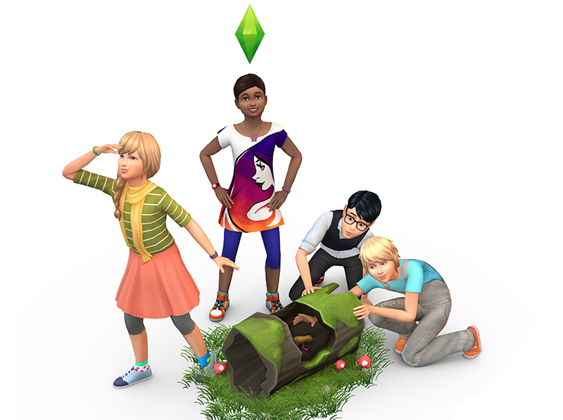 Una imagen de niños de Los Sims 4 buscando ranas