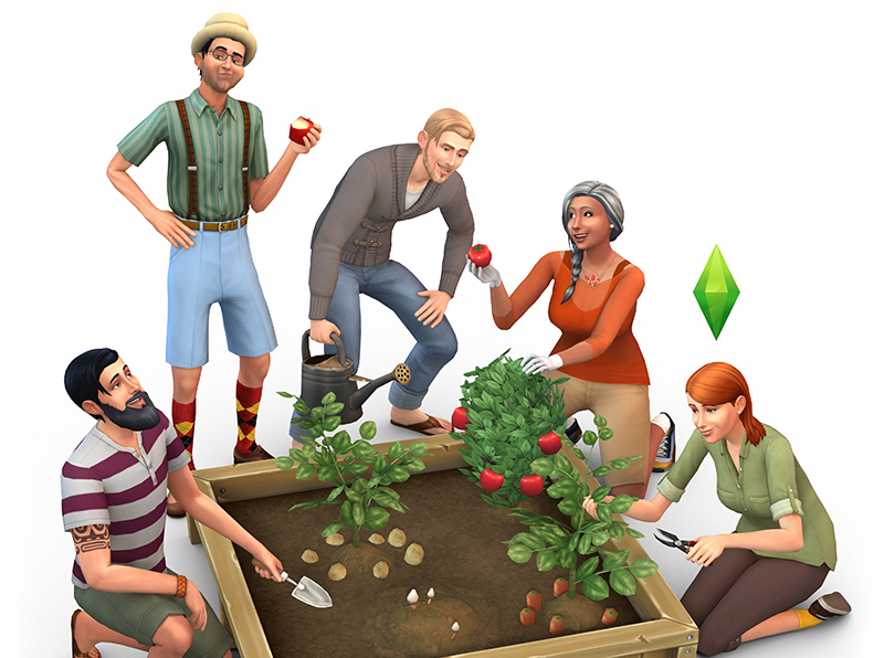 Una imagen de 5 sims de Los Sims 4 usando la caja de plantación grande para la jardinería en un club de jardín