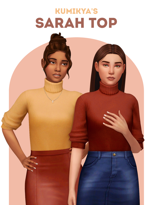 Two sims standing in front of a peach coloured arch. They are both wearing the same sims 4 custom content turtleneck top with different bottoms.