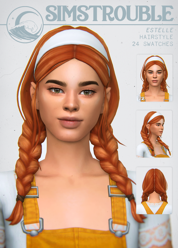 Un sim vistiendo una camisa blanca y overoles amarillos. Tienen el pelo rojo en dos trenzas con una cinta para el pelo blanca. Sims 4.