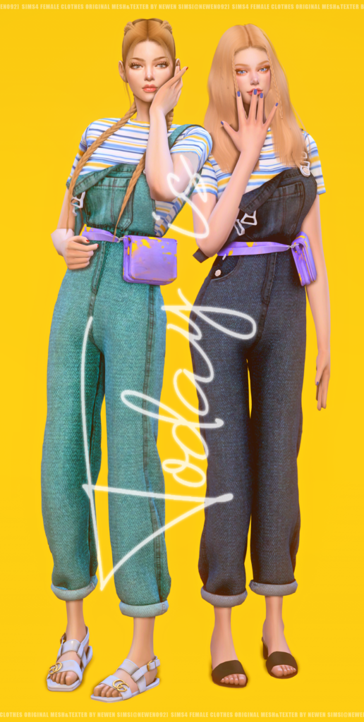 Un fondo amarillo brillante con dos sims de pie sobre él. Llevan los mismos overoles en diferentes colores. CC