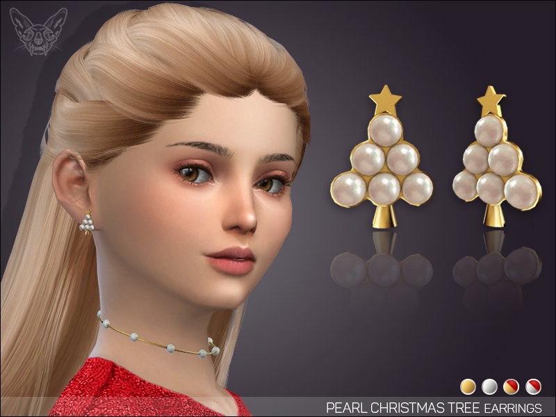 Un sim de cabello rubio en Los Sims 4 que lleva puestos unos pendientes de botón que parecen un árbol de Navidad con seis perlas.
