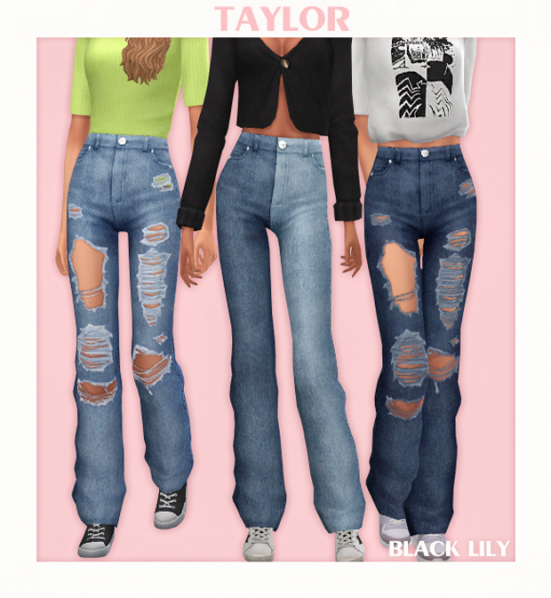 Una caja rosa con la palabra TAYLOR en la parte superior. En el interior hay tres sims con las cabezas recortadas que llevan jeans.