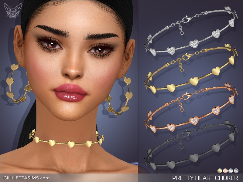 Un personaje de Los Sims 4 que tiene el cabello negro recogido en una cola de caballo baja. Lleva puesto un conjunto de collar y pendientes a juego con corazones.