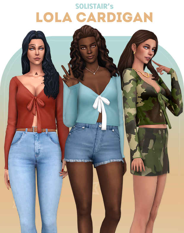 Tres sims diferentes con diferentes pantalones, todos usando el mismo suéter en diferentes colores.