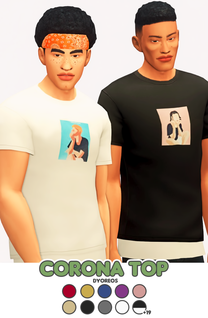 Dos sims con cabello rizado vistiendo camisetas donde hay un pequeño cuadro con una pintura de una persona en el centro