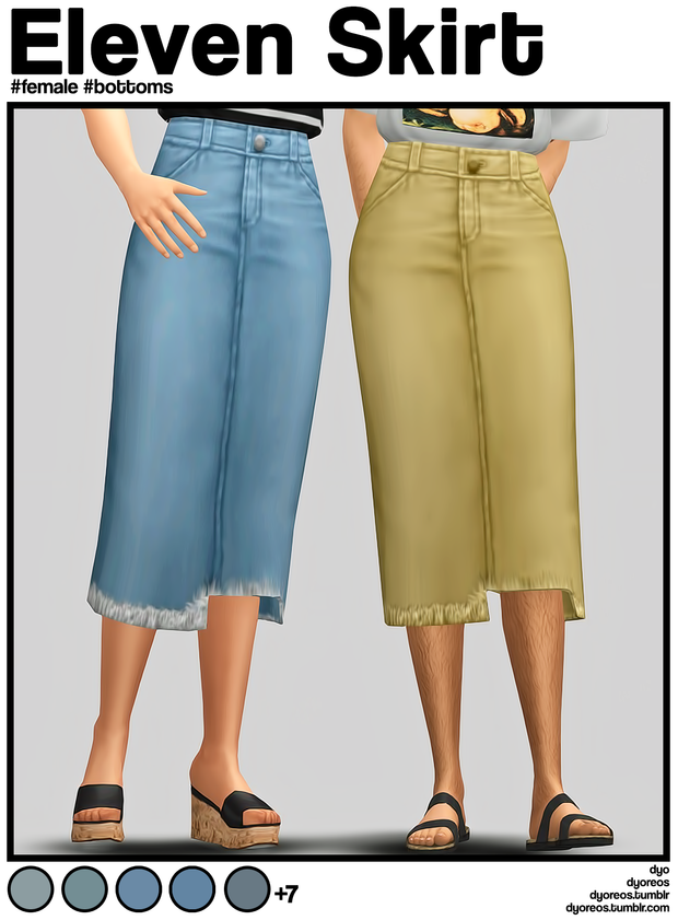 Esta imagen muestra a dos sims que están recortadas a la cintura y ambas llevan faldas de jean de sims 4 cc que llegan más allá de la rodilla.