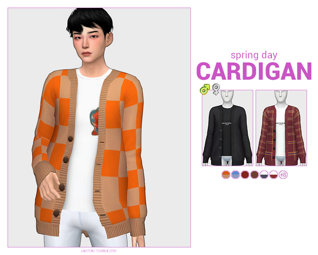 Un Sim con cabello castaño y mucho rubor, lleva puestos unos pantalones blancos y una camiseta blanca con un cárdigan a cuadros naranja y marrón encima.