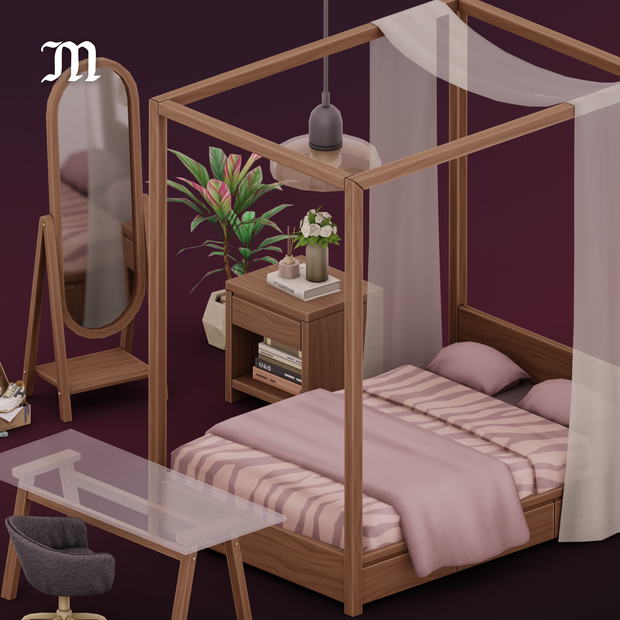 Una pared de color morado oscuro con hermosos muebles de madera. La cama es una cama con dosel con telas colgantes alrededor de la sección del respaldo.