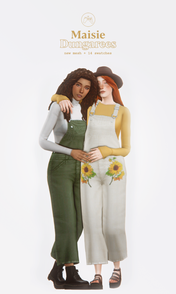 Dos sims en un abrazo lateral vistiendo camisas de manga larga y pantalones largos con flores.