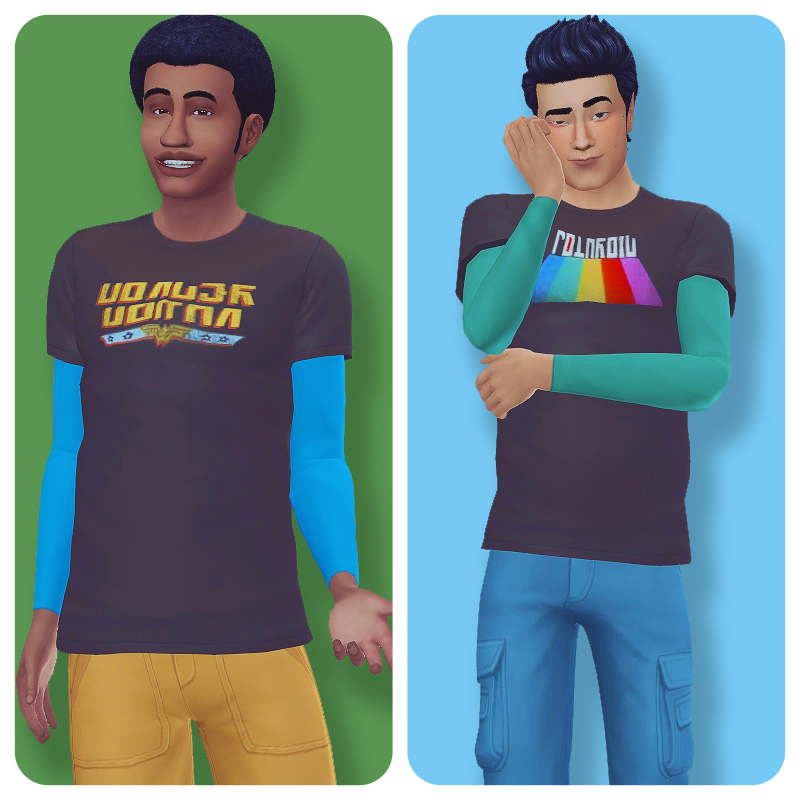 Dos sims sobre fondos de colores sólidos, llevan camisetas sobre mangas largas de colores brillantes.