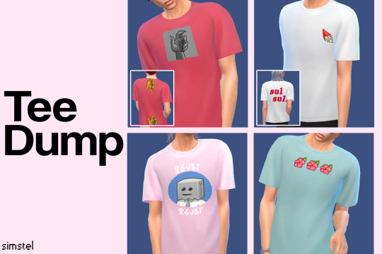 Cuatro cuadros con Sims vistiendo camisetas. Los diseños incluyen elementos del juego como gnomos y gremlins.