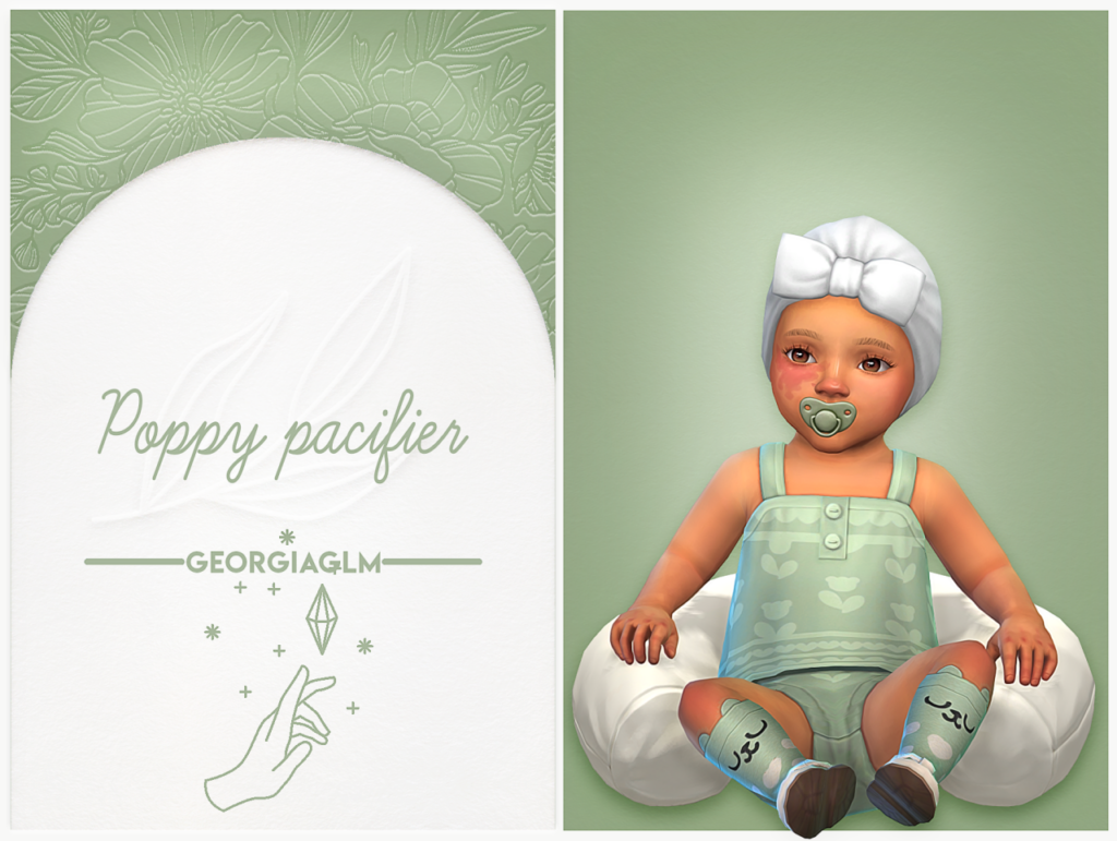 Un bebé de los sims 4 que está sentado dentro de una almohada con un traje verde y un chupete.