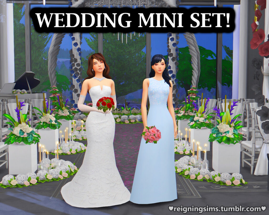 Dos personajes en Los Sims 4 que llevan puesto un vestido de novia o un vestido de dama de honor. Están de pie frente a un montón de muebles personalizados que son perfectos para bodas.