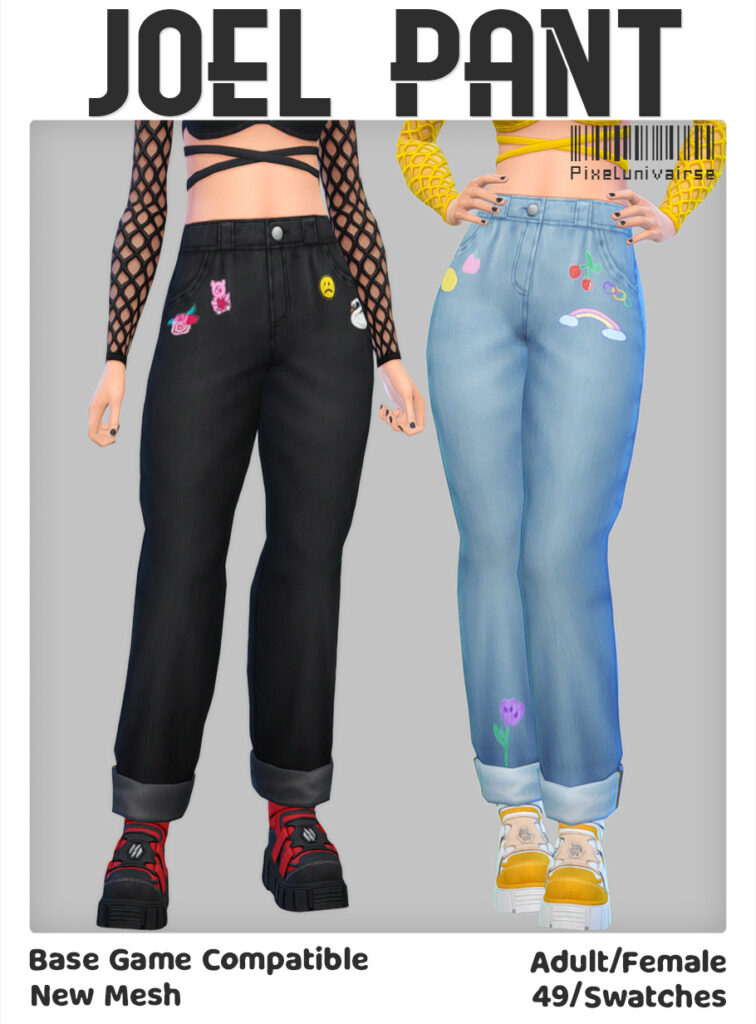 Esta imagen muestra a dos sims que están recortadas justo debajo del busto para mostrar sus jeans cc de los sims 4. Los jeans tienen cintura alta con el dobladillo vuelto y pequeños parches en las caderas de arcoíris, flores y caritas sonrientes.
