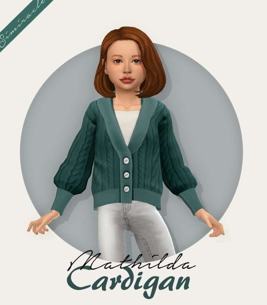 Un sim posando con los brazos extendidos con cabello castaño rojizo y un suéter cardigan verde