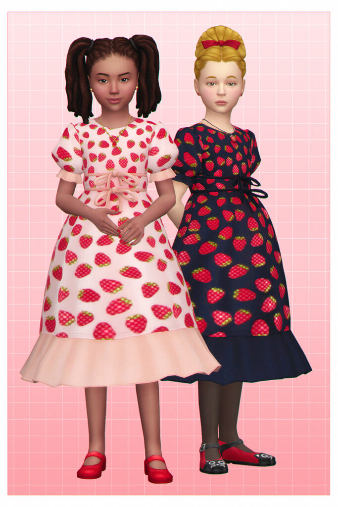 Una opción de atuendo de niños para Sims 4 que es una recreación del icónico vestido de fresas de TikTok con fresas brillantes en todo
