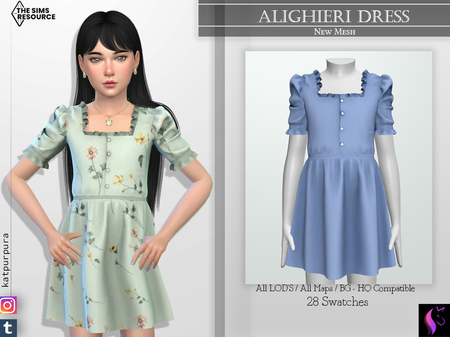 Un sim vistiendo un vestido floral verde con cuello cuadrado y mangas abullonadas