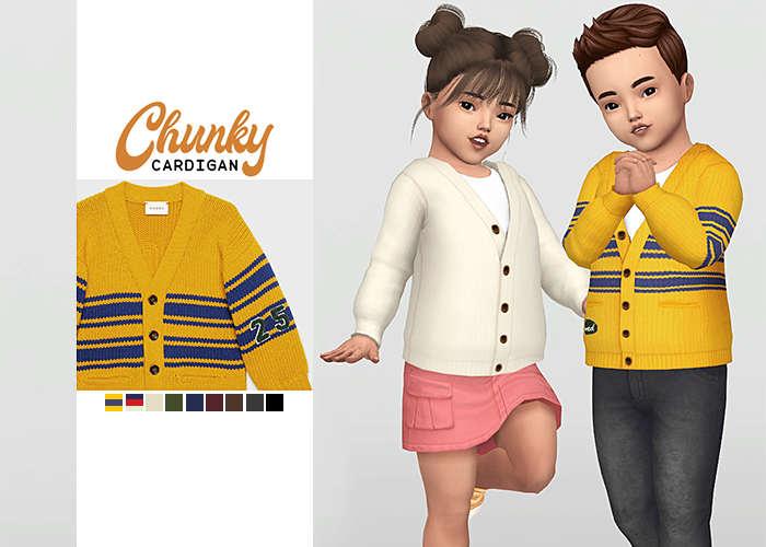 Un niño pequeño y una niña pequeña de Los Sims 4 parados uno al lado del otro con cárdigans a juego y posiciones diferentes.