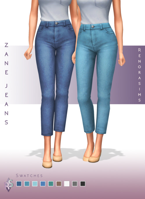 Esta imagen muestra a dos sims vistiendo la misma camiseta blanca y tacones altos desnudos, junto con jeans de mezclilla. Ambos están usando jeans de diferentes colores y están parados uno al lado del otro.