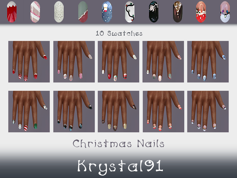 Un conjunto de diez manos luciendo varias versiones de uñas navideñas, desde bastones de caramelo hasta copos de nieve y luces.