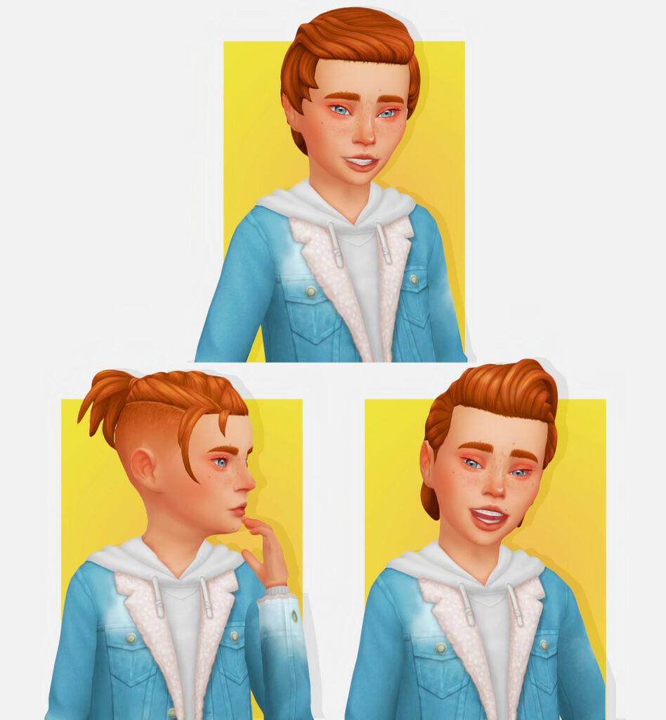 Tres imágenes de niños en Los Sims 4 con diferentes peinados