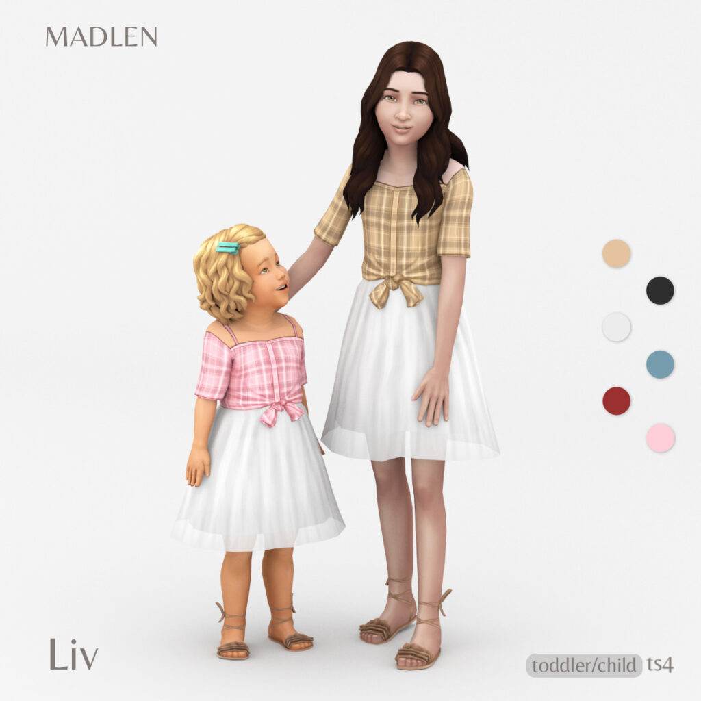 Dos sims, uno niño y otro niño pequeño, vistiendo conjuntos de ropa personalizada para niños de Sims 4 que consisten en una camisa de cuadros atada con una falda de tul blanca.