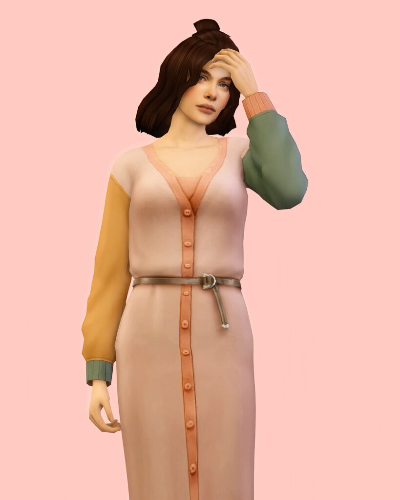 Una sim con cabello castaño de longitud media, usando un suéter cardigan de bloques de color.