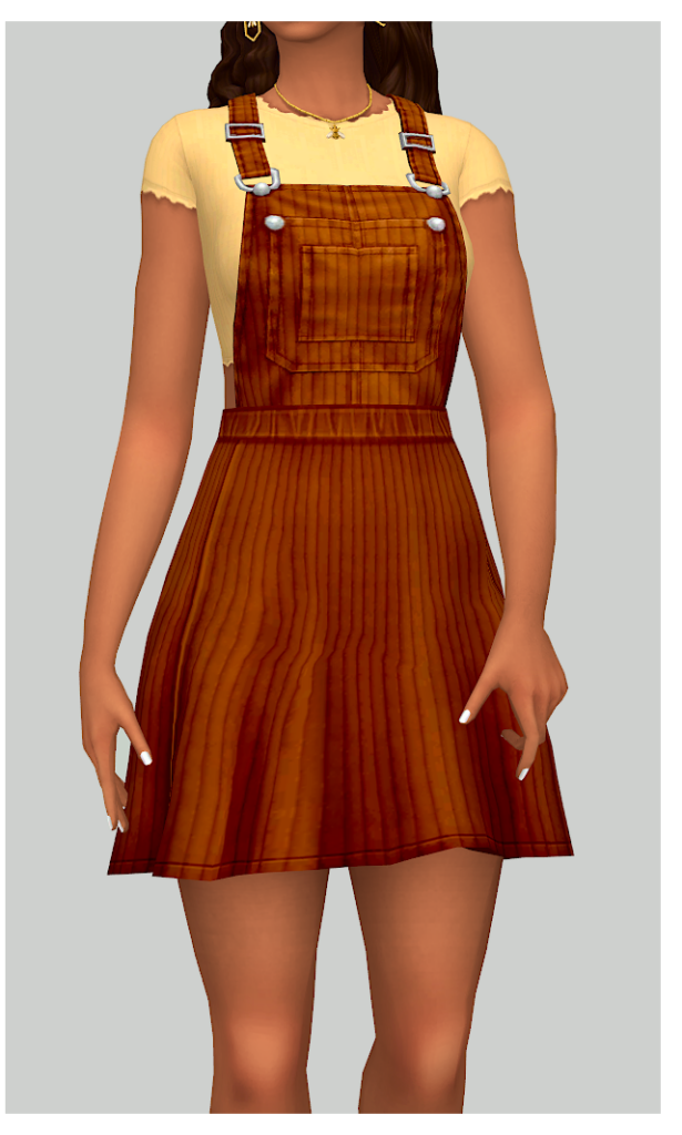 Un sim vistiendo una camiseta amarilla y un vestido de overol en marrón. Los overoles CC de Sims 4.