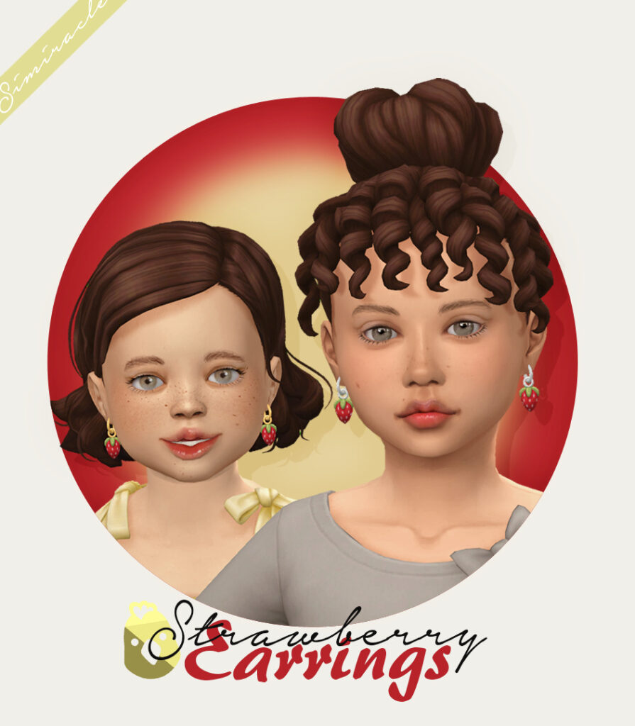 Un niño pequeño y un adulto en Los Sims 4 que llevan puestos pendientes colgantes de fresa.