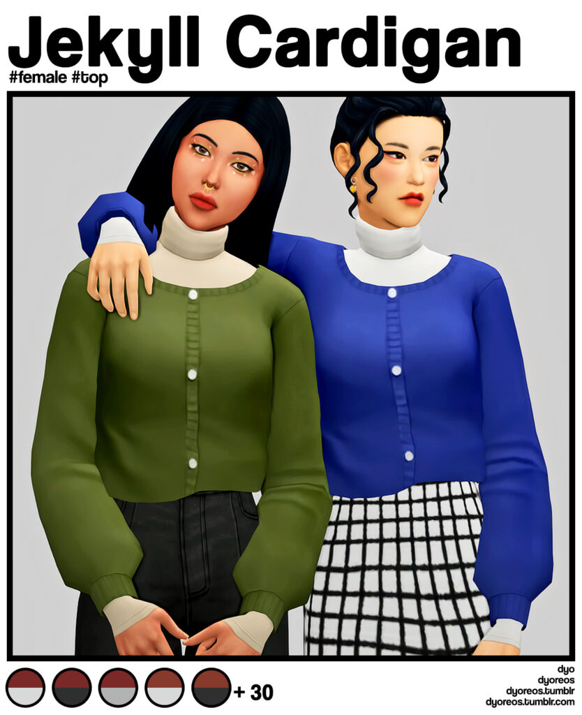 Dos Sims femeninas con los brazos alrededor una de la otra, ambas llevan el mismo cárdigan en azul y verde.