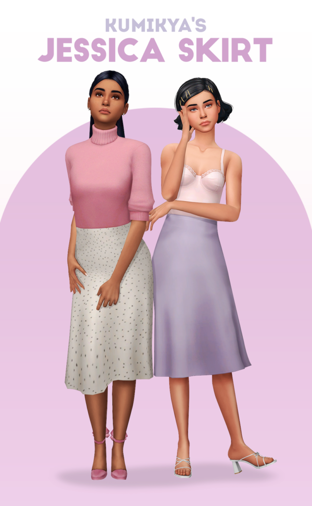 Dos sims parados uno al lado del otro en diferentes poses, ambos llevan faldas de satén hasta la rodilla. Uno es blanco con lunares negros y el otro es de color morado claro.
