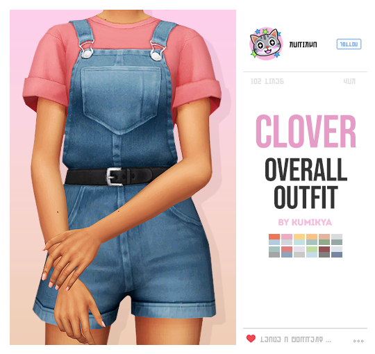 Una sim parada con la cabeza recortada de la imagen, está sosteniendo una muñeca con la otra mano. Lleva puesta una camisa rosa y un par de overoles de Sims 4 CC como pantalones cortos.