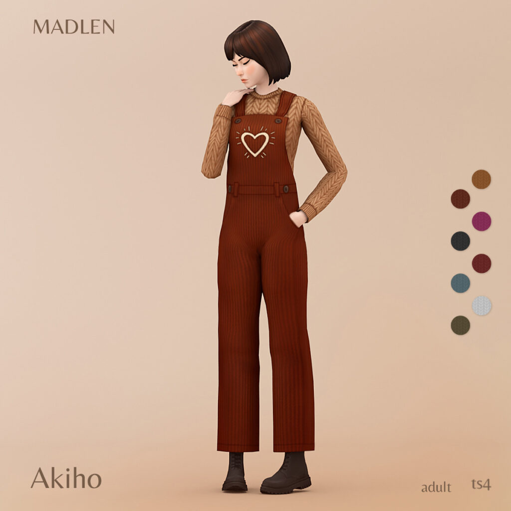Una sim parada sobre un fondo marrón claro vistiendo unos overoles marrones más oscuros con un corazón en el pecho. Estos overoles de sims 4 cc tienen un suéter de punto debajo