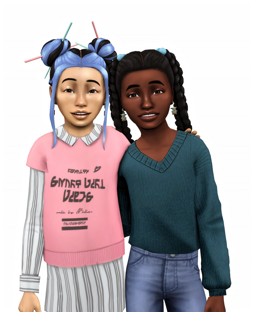 Dos niños en Los Sims 4 posando en una imagen con sus peinados personalizados, uno con moños y mechones enmarcando el rostro y otro sim con trenzas