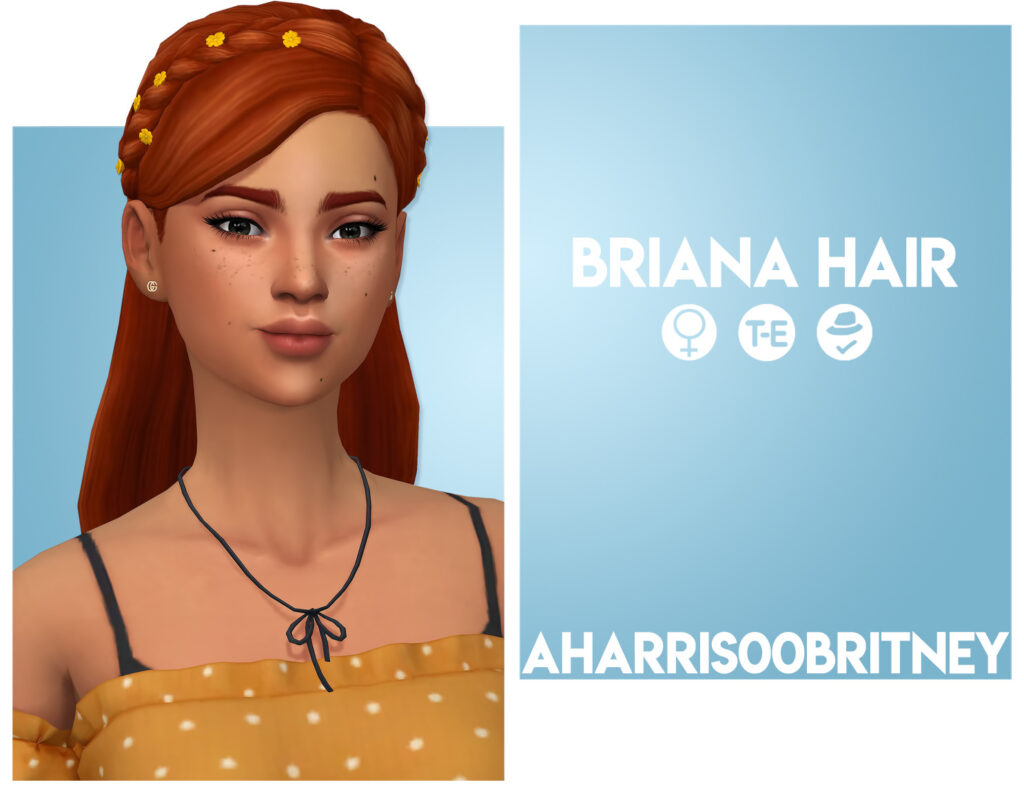 Un sim con cabello rojo recogido detrás de las orejas, tiene una corona trenzada con pequeñas flores en ella.