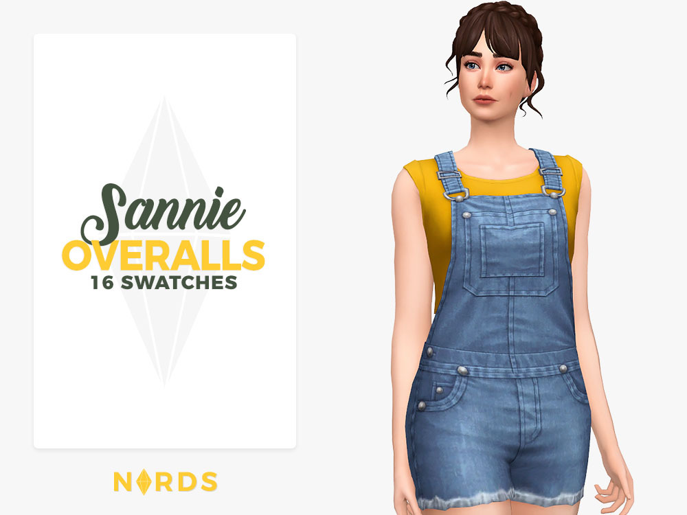 Un sim vistiendo overoles de mezclilla con una simple camiseta amarilla.