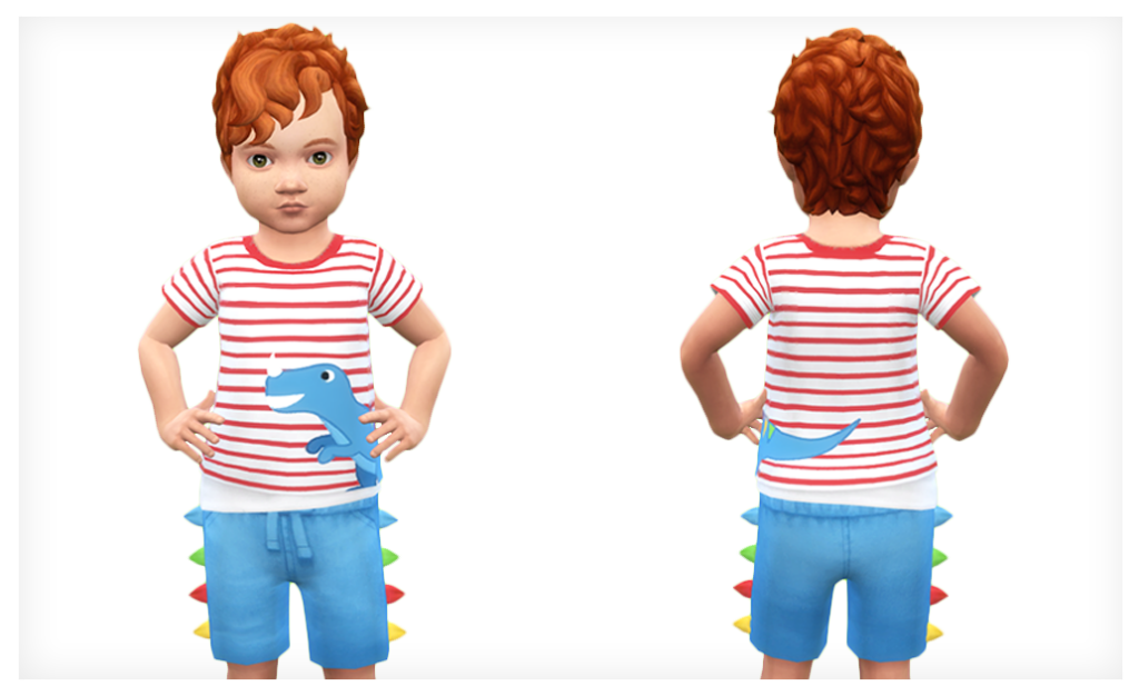 Un sim posando con un adorable conjunto de ropa cc de Los Sims 4 que tiene un dinosaurio en él e incluso espinas de dinosaurio en los shorts