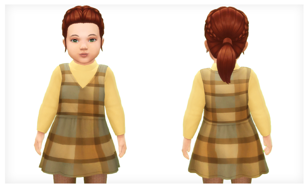 Un niño pequeño en Los Sims 4 con cabello rojo vistiendo una camiseta amarilla de manga larga con un vestido a cuadros por encima