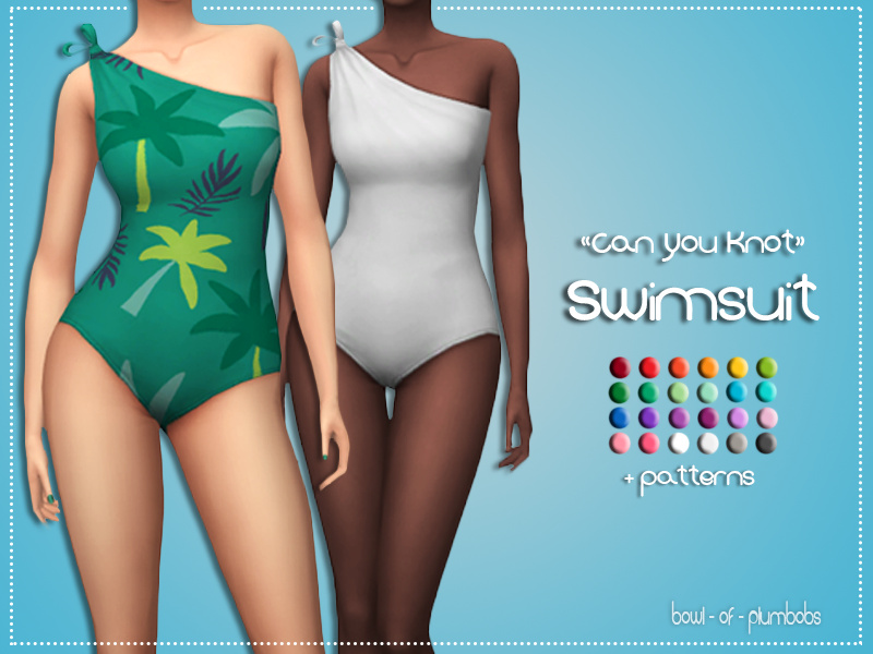 Un fondo azul con dos Sims recortados en la cabeza. Llevan trajes de baño de un solo hombro con nudos para mantener el traje de baño en su lugar.