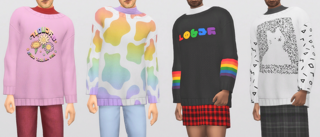Cuatro sims de pie en suéteres de manga larga con estampados de flores o de vaca