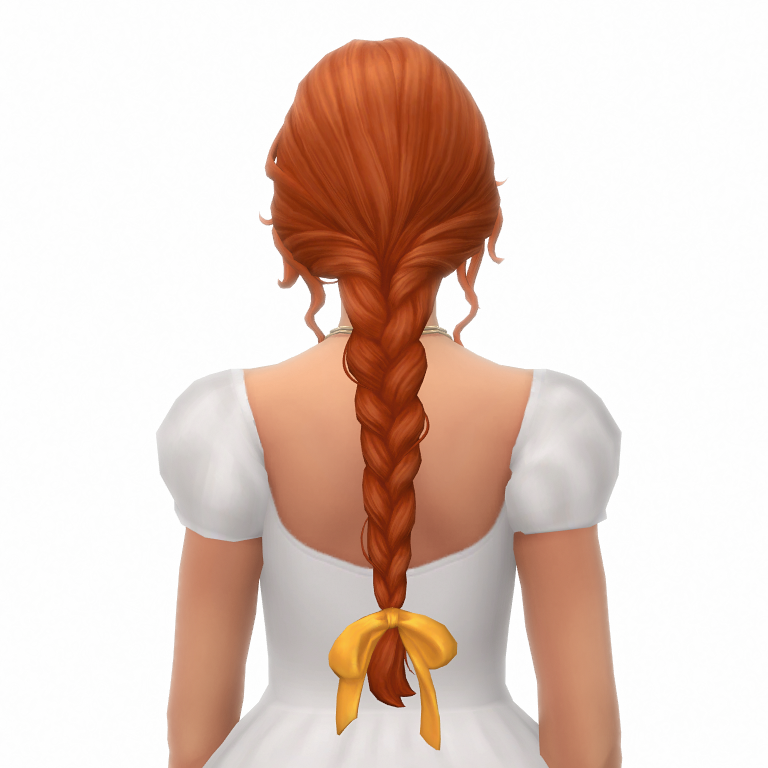 Un personaje de Los Sims 4 de espaldas a ti con un vestido blanco y el cabello trenzado en la parte trasera de la cabeza.