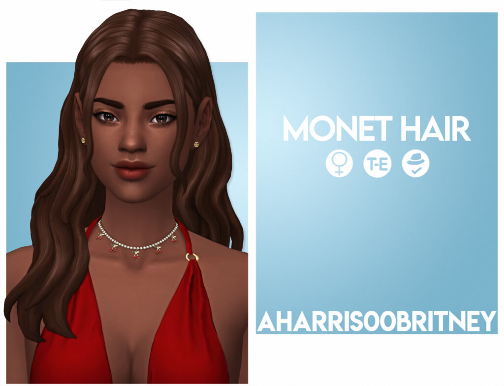 Una sim que lleva un collar de gargantilla con cerezas colgando y un top halter rojo. Lleva unos pendientes de oro y un cabello ondulado recogido detrás de las orejas con mechones que enmarcan el rostro.