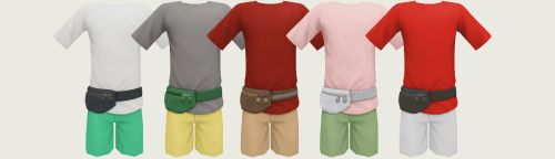Una opción de conjuntos para niños de Sims 4 con una camiseta lisa y pantalones cortos y una riñonera para un aspecto de turista