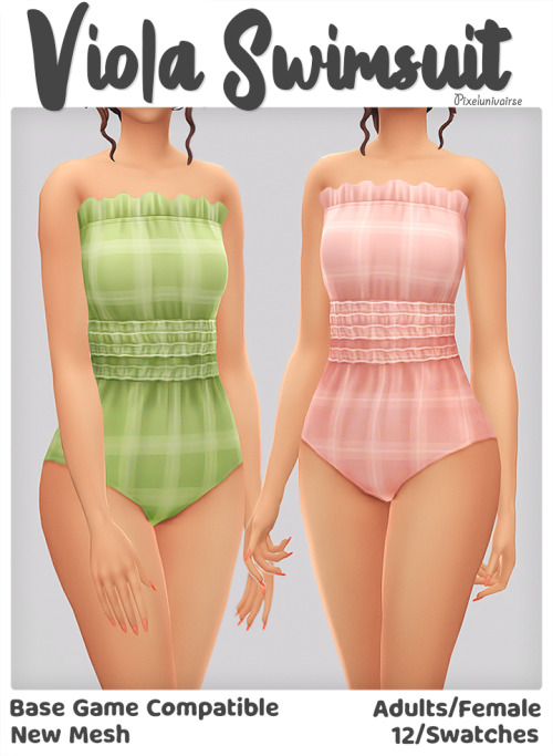 Dos sims con la cabeza recortada de la imagen, ambos vistiendo trajes de baño con escote recto a cuadros.