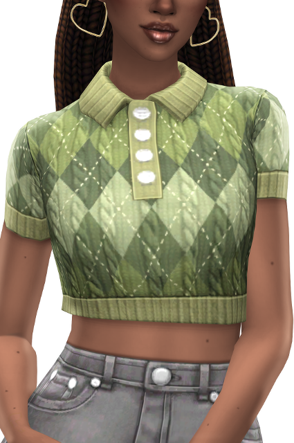 Un sim vistiendo jeans grises, una camiseta cultivo estilo suéter de rombos con botones en la parte delantera. Tiene aretes en forma de corazones y todo es contenido personalizado de Sims 4 #TheSims4